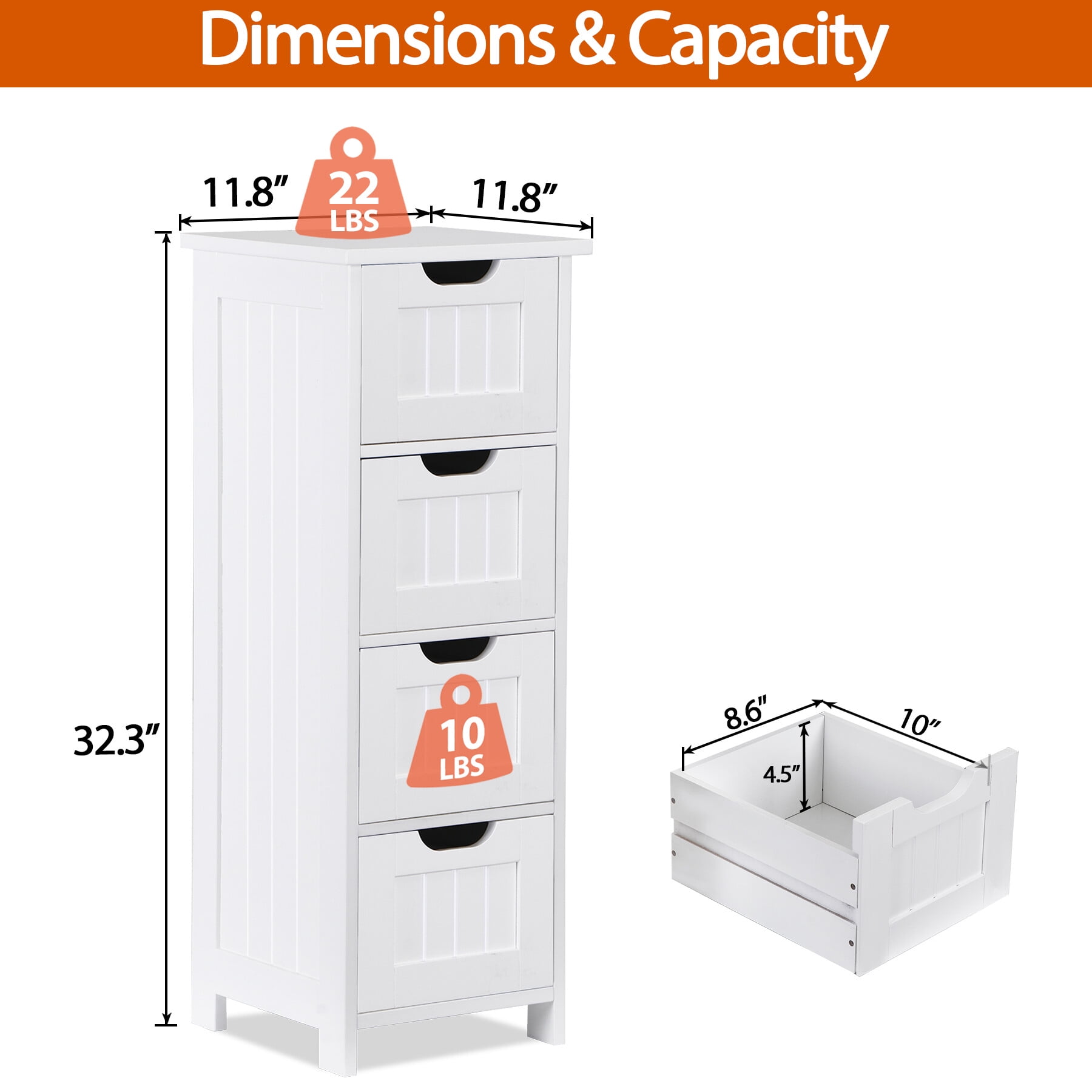 HomGarden 4 Drawers Small Bathroom Storage Cabinet Floor Side Cabinet, White