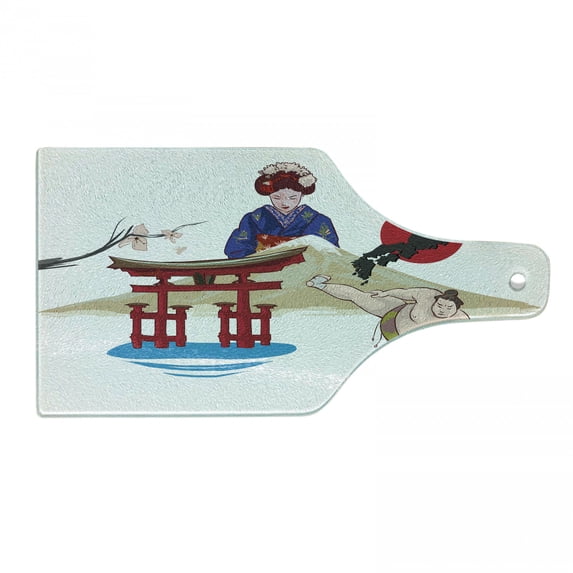 East Cutting Board, Japanese Woman Traditional Athlete Hand Fan Cultural Illustration, Decorative Tempered Glass Cutting and Serving Board, Wine Bottle Shape, Multicolor, by Ambesonne