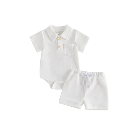 Cenuakty Baby 3M 6M 12M 18M Boy Summer Outfits Waffle Texture Button Lapel Neck Short Sleeve Romper and Shorts 2 Pcs Set
