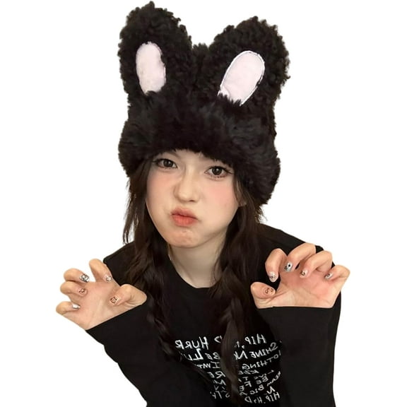Cute Plush Bunny Ear Beanie Hats for Women Girls Y2K Rabbit Warm Winter Hat Skull Cap