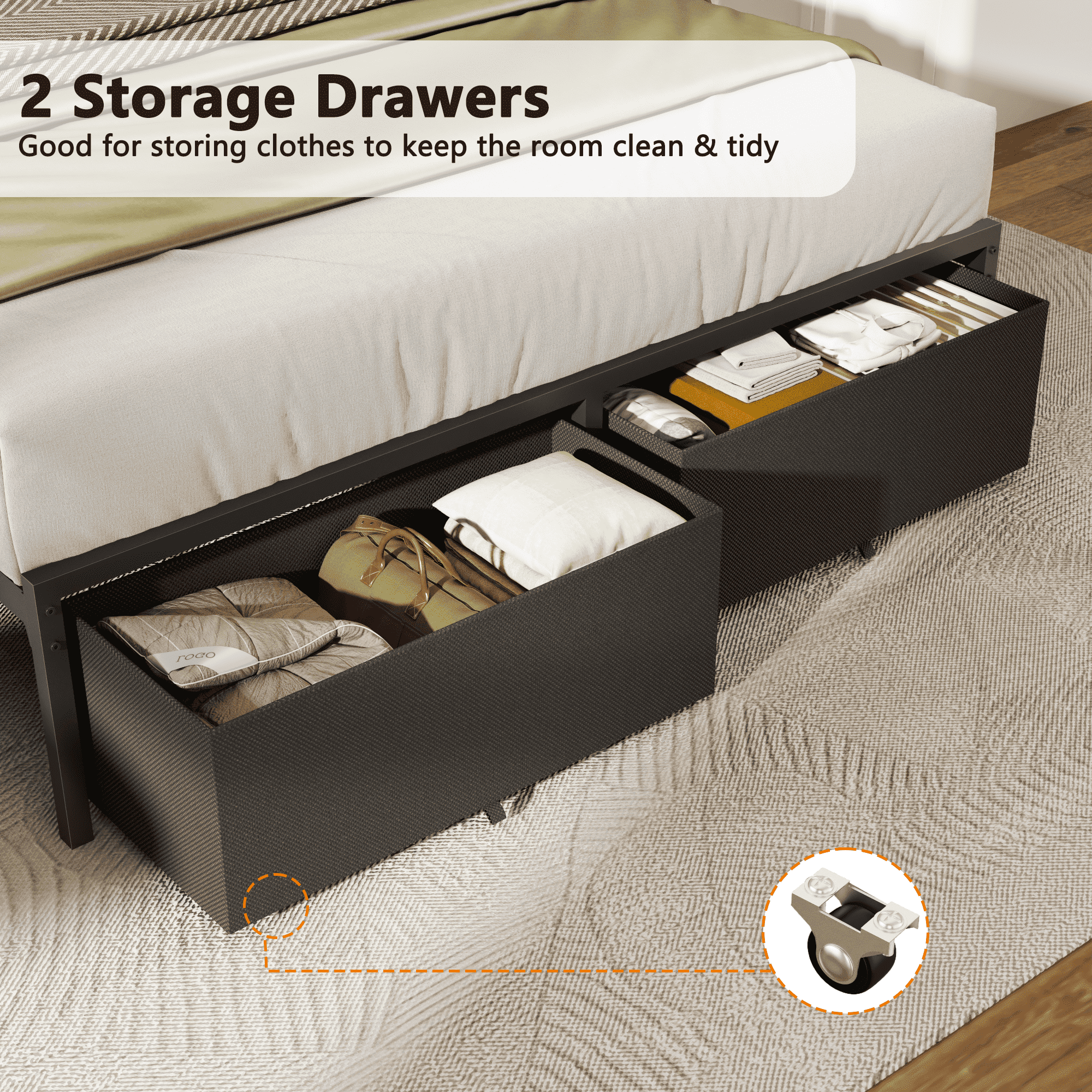 Satifur Full Size Bed Frame with 2 Drawers & LED Lights & Charging Station, Beds with Headboard & 10.10" Under Bed Storage, No Box Spring Needed, Easy Assembly, Black