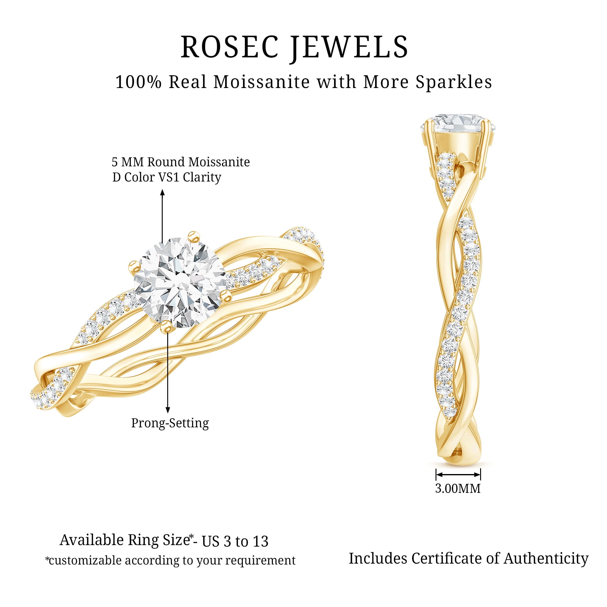 Rosec Jewels Moissanite Engagement Ring for Women - 1/2 Carat - Braided Ring - D-VS1 Quality Certified, 10K Yellow Gold, US 7.50