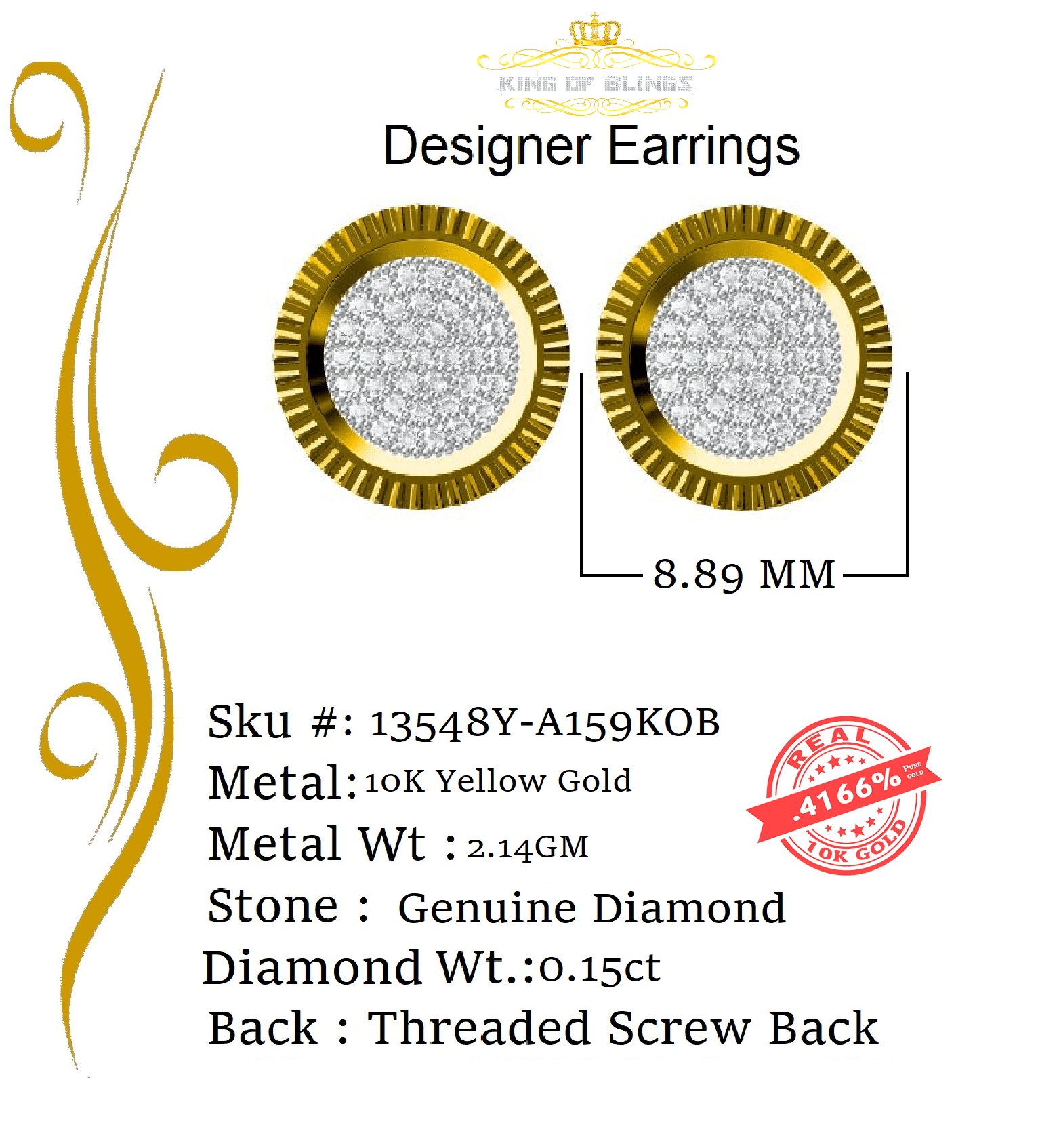 King of Bling's 10K Real Yellow Gold Real Diamond 0.15CT Men's/Women's Stud Micro Earring