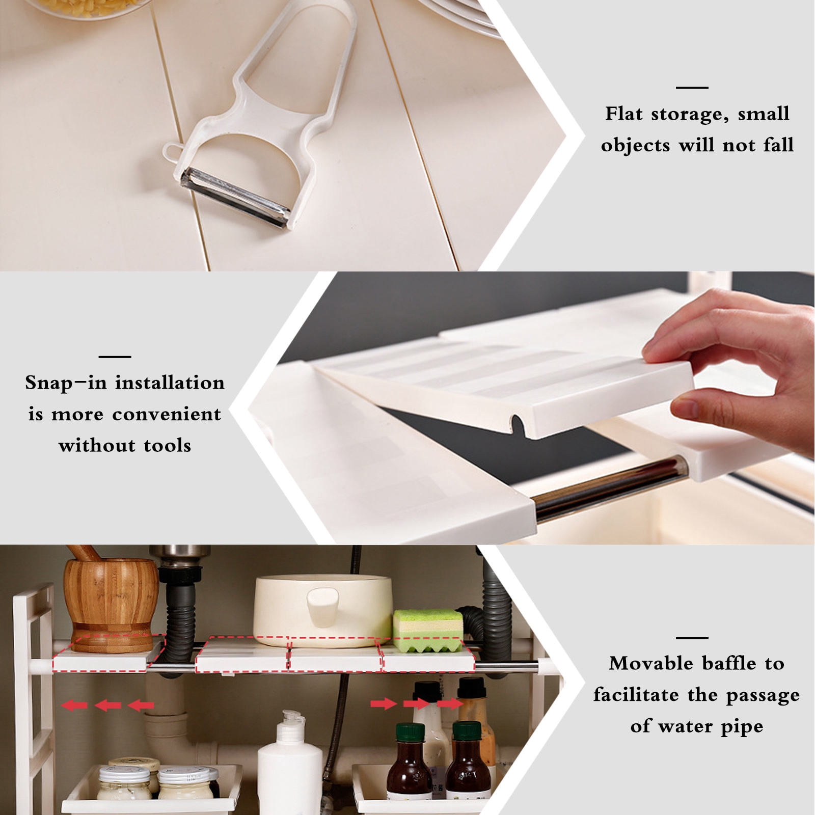 Raindrops White Plastic Under-Sink Cabinet Organizer with Adjustable Shelves, Dual Drawers, and Multi-Purpose Storage Solution