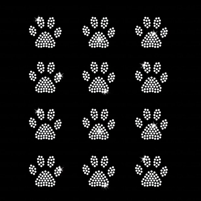 Set of 12 Mini Paw Print Dog Cat Iron On Rhinestone Bling Crystal T-Shirt Transfers by JCS Rhinestones