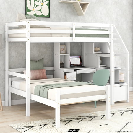 Loft Bed with a Stand-Alone Bed & Storage Staircase Solid Wood Loft Bed Frame with Desk Shelves and 3 Drawers Twin Size Multifunctional Loft Bed for Kids Boys Girls No Spring Box Required White