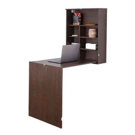 Wall Mount Laptop Fold-out Desk with Shelves, Brown