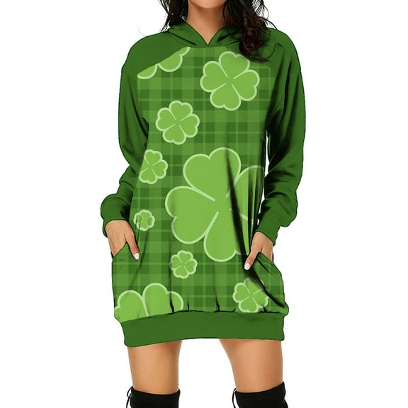 Brilliant St. Patrick's Day Dress Fashion Women Clover Print Pullover Pocket Hooded Long Sleeve Loose Dress Spring Dresses 2024(Green,XL)