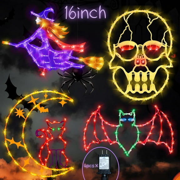16" Halloween Window decorate Plug Light Witch Skull Head Cat  Bat decor-4 Pack  Window Lights with Suction Cups scarry light