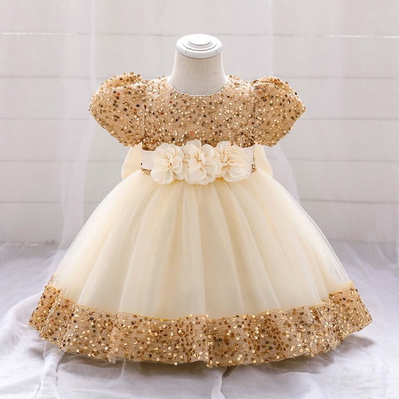 Weebloom Flower Girl Dresses For Wedding Birthday Short Sleeve Fairy Dress Toddlers Glitter Bowknot Floral Party Gown With Skirt Formal Gold Girls Dresses