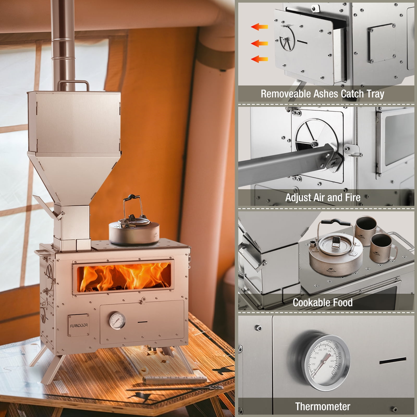 Wood Burning Stove with Oven - Portable Pellet Stove with Chimney Pipes, 304 Stainless Steel Construction Outdoor Hot Tent Camping Stove for Winter, Hunting, Cooking, Hiking, Fishing