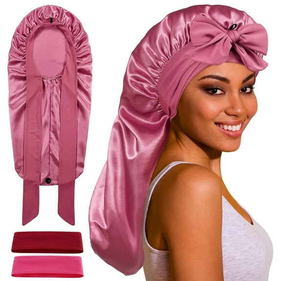 Square Long Bonnet Satin Bonnet with Tie Band for Sleeping Women, Double Layer Silk Sleep Cap, Braid Bonnet with Stretchy Tie Band