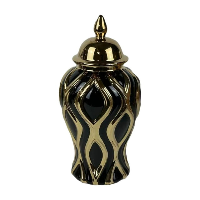 Jarrón de jengibre de porcelana, jarrón de jengibre de cerámica con tapa, decoración artesanal de porcelana S Negro y Oro