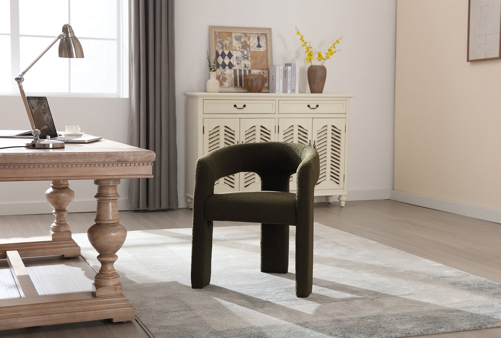 Guyou Modern Sherpa Upholstered Dining Chair, Cute Barrel Side Armchair Kitchen Chair with Armrests and Back for Living Room Dining Room Bedroom, Green