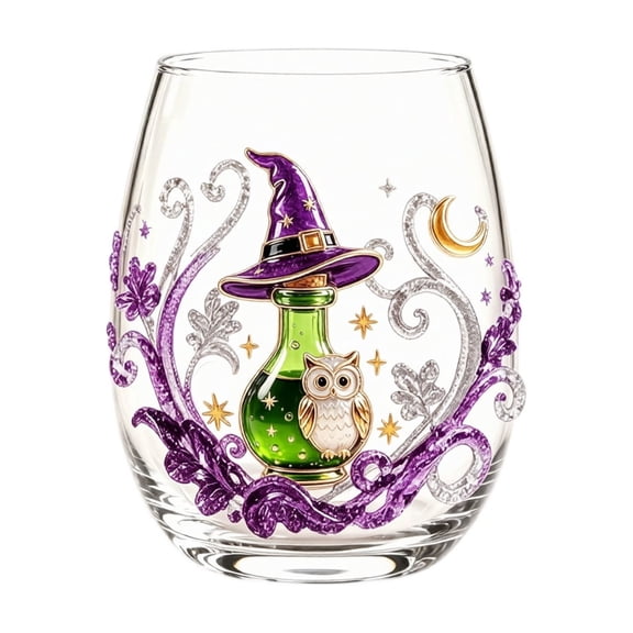 Halloween Glassware, Halloween Themed 2D Style Glass Tumbler Handle Free, 15Oz Stemless Halloween Drinking Glass, Hand-Painted Spooky Halloween Icon Glass Cup, Clear Lead-Free