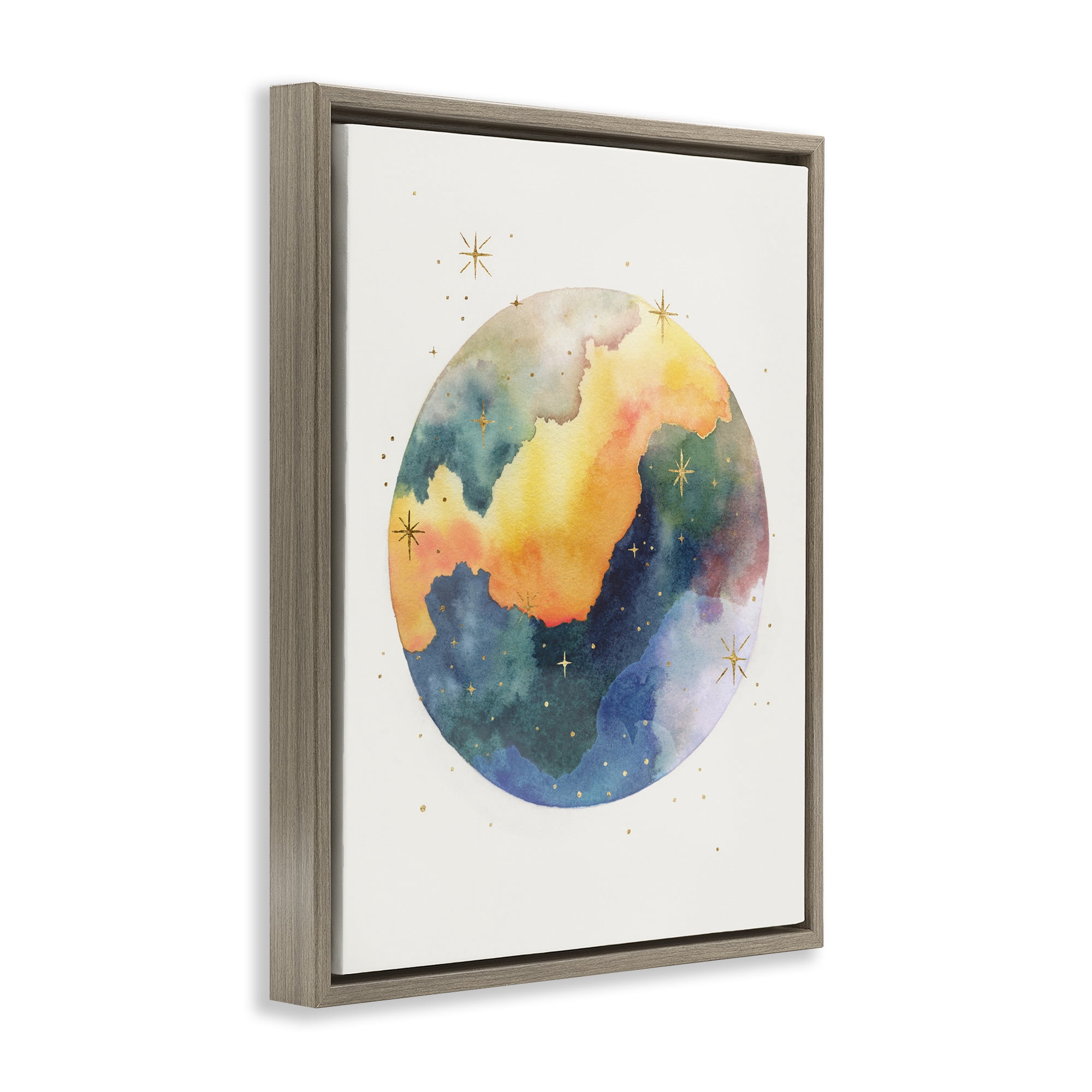 Stupell Industries Nebula & Stars Watercolor STEM Painting Brown Floater Framed Canvas Art Print Wall Art, 17 x 21