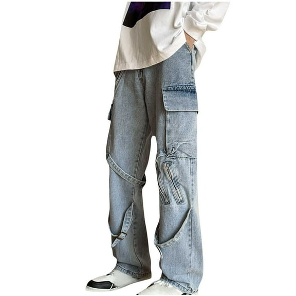 Gnurob on Sale Women's Jeans Cargo Pants Wide Leg Denim Pant with Flap Pocket Straight Palazzo Snap Button Jean Zipper Trousers Fashion Y2K Streetwear Plus Size,Blue,X-Large