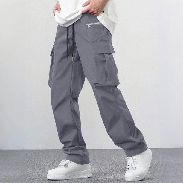 Ceisia Men's Solid Color Loose Cargo Pants with Multi Pockets & Drawstring Waist Dark Gray L Gifts