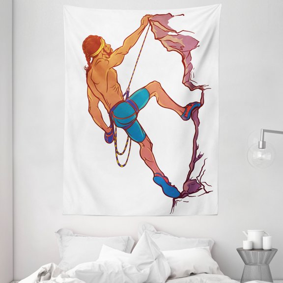 Indie Tapestry, Athletic Man Climbing Up the Cliff Rocky Mountain Professional Summer Sports, Wall Hanging for Bedroom Living Room Dorm Decor, 60W X 80L Inches, Blue Mauve Ginger, by Ambesonne