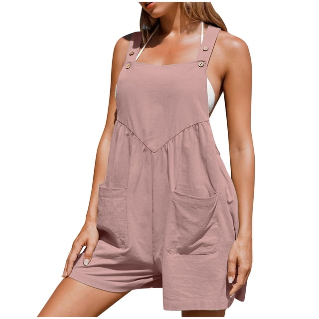 AherBiu Women's 2X-Large Summer Short Overalls with Pockets, Square Neck, Sleeveless