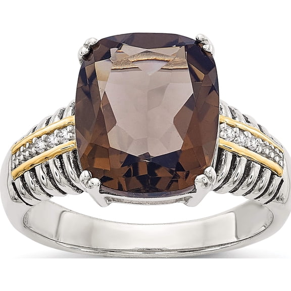 14K/Silver Two-Tone Sterling Silver With 14K Smoky Quartz & Diamond Ring (Size 8) Made In Thailand qtc95-8