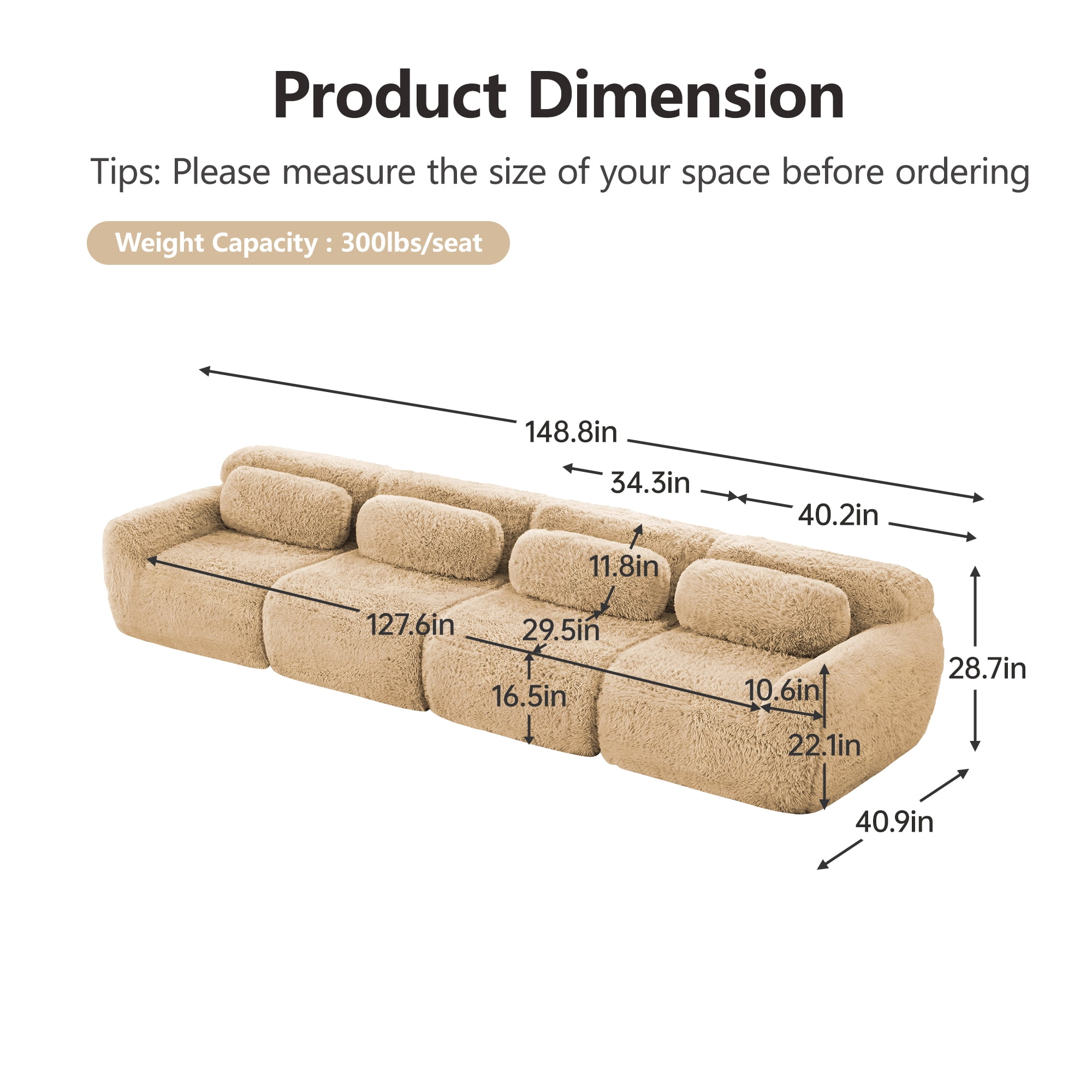 Aukfa 149" Faux Fur Modular Sectional Sofa, 4-Seater Deep Seat Boneless Couch for Living Room, Camel