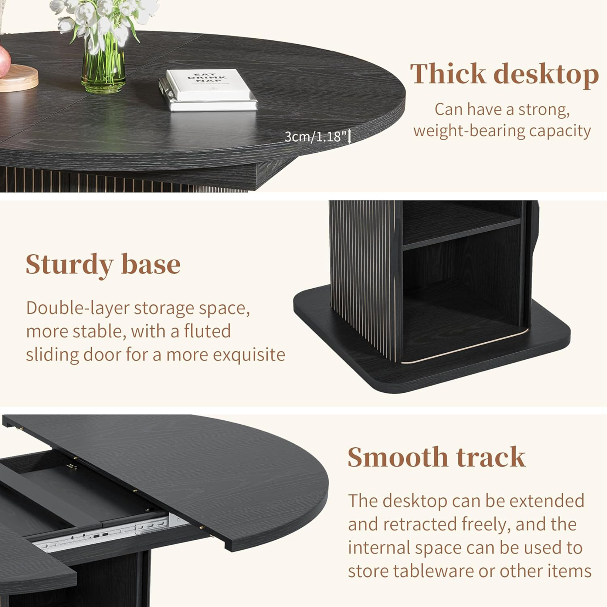 59 Inch Extendable Round Dining Table for 4-6, Kitchen Dining Table with Storage Shelf for Home Living Room, Black