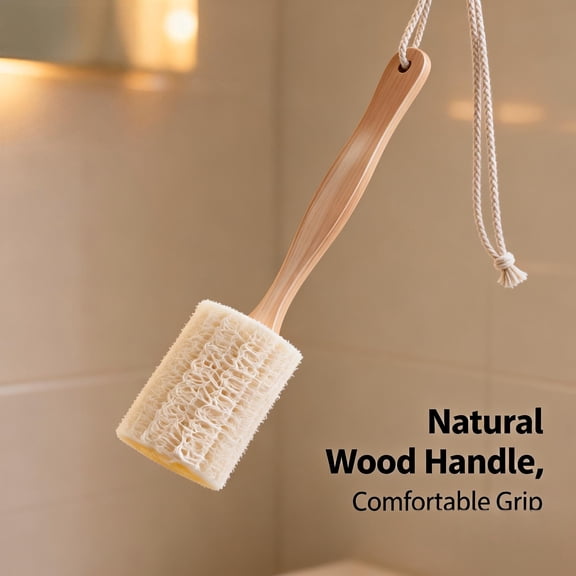 Natural Loofah Exfoliating Bath Brush with Long Wooden Handle for Bath Spa and Shower Back Scrubber on a Stick Natural Luffa Sponge for Men & Women 1 Pack