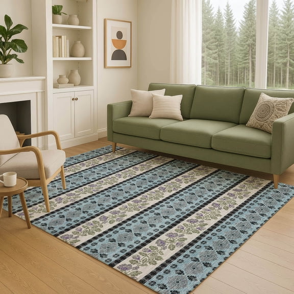 Addison Rugs Chantille Indoor/Outdoor Transitional Stripes Aqua Machine Washable Rectangle Rug, 10' x 14'