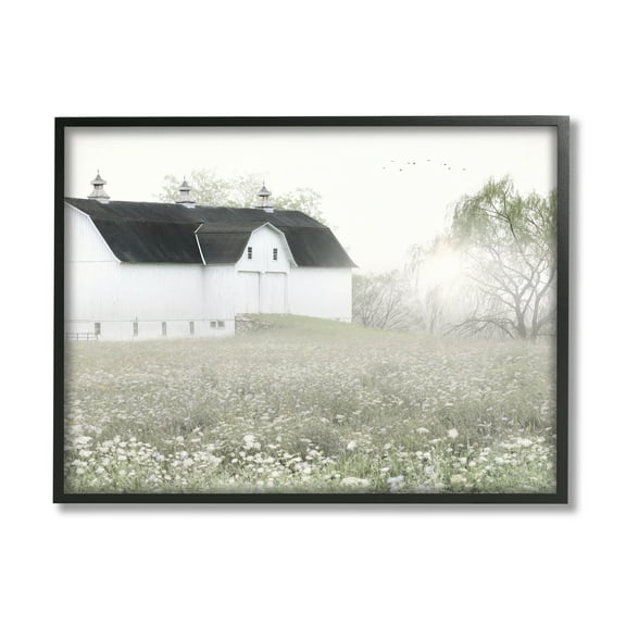 Stupell Industries Peaceful White Barn Countryside Meadow Blooming Buds Graphic Art Black Framed Art Print Wall Art, Design by Lori Deiter
