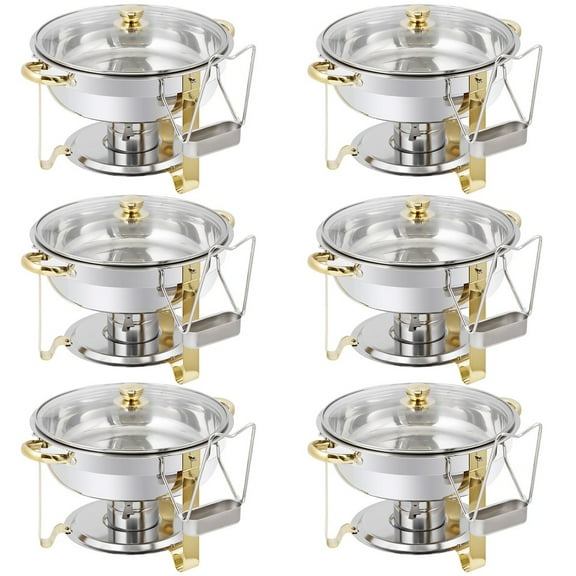 HOWEN 6-Pack 5QT Stainless Steel Chafing Dish Buffet Set, Round Chafers with Glass Lid in Gold, Commercial Catering Equipment for Banquets and Events
