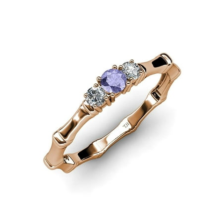 

Tanzanite with Side Diamond (SI2-I1 G-H) Three Stone Bamboo Ring 0.29 ct tw in 14K Rose Gold.size 5.5