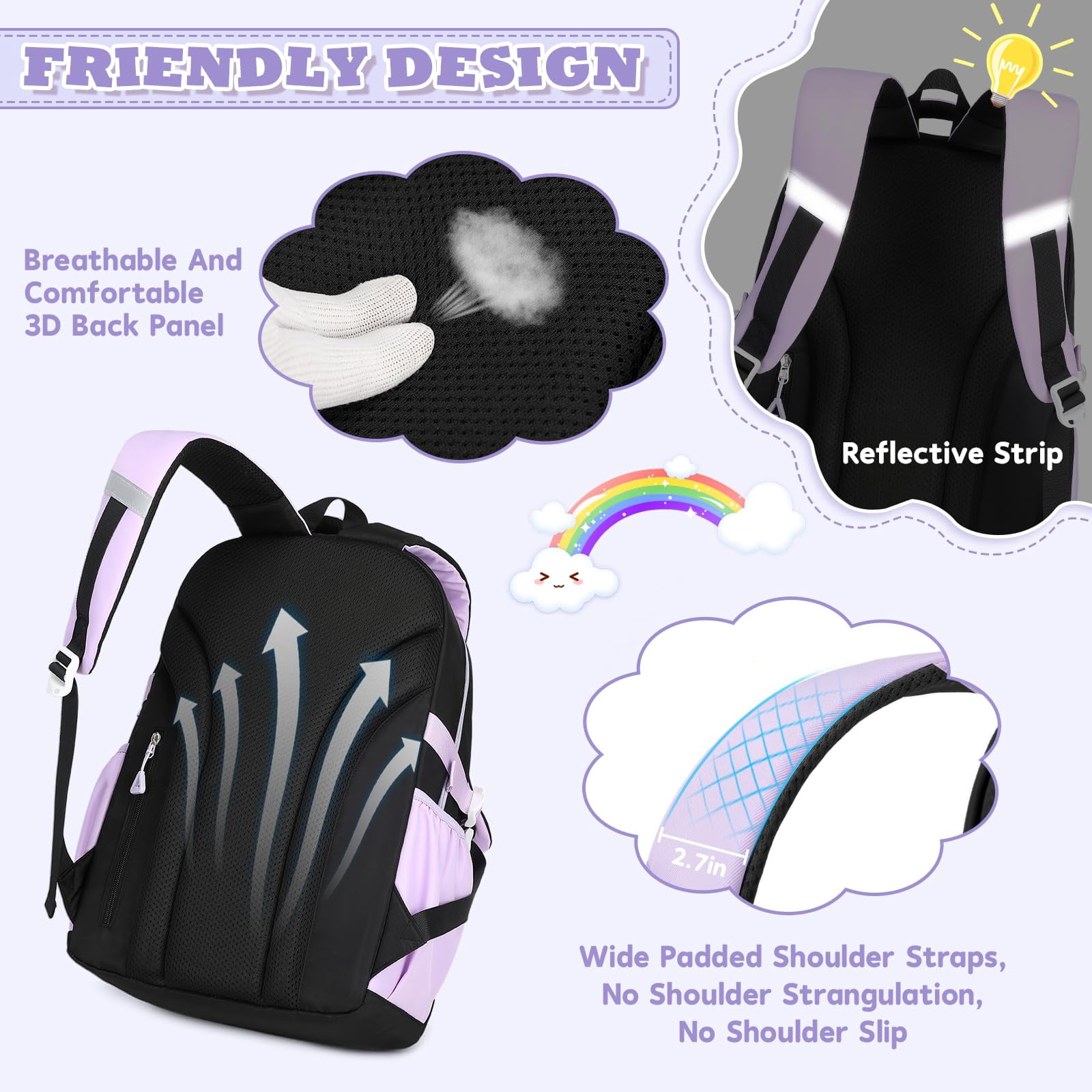 Soda Candy Girls Backpack Ideal Elementary Middle School Backpacks for Kids Cute Kawaii Large Capacity Bookbag with Reflective Strip, Black Purple