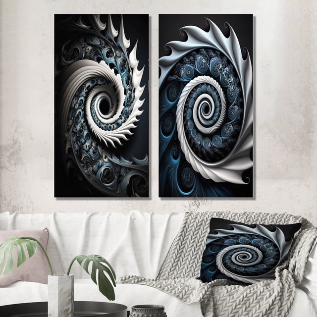 Designart "Blue and White Liquid Stained Glass I" Abstract Spirals Wall Art Set Of 2 - Blue Abstract Canvas Set For Living Room Decor