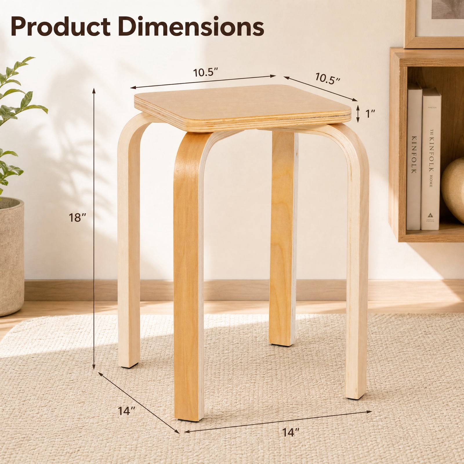 Furnibear Stackable Wood Stools Set of 4 with Square Top and Rounded Corners in Natural
