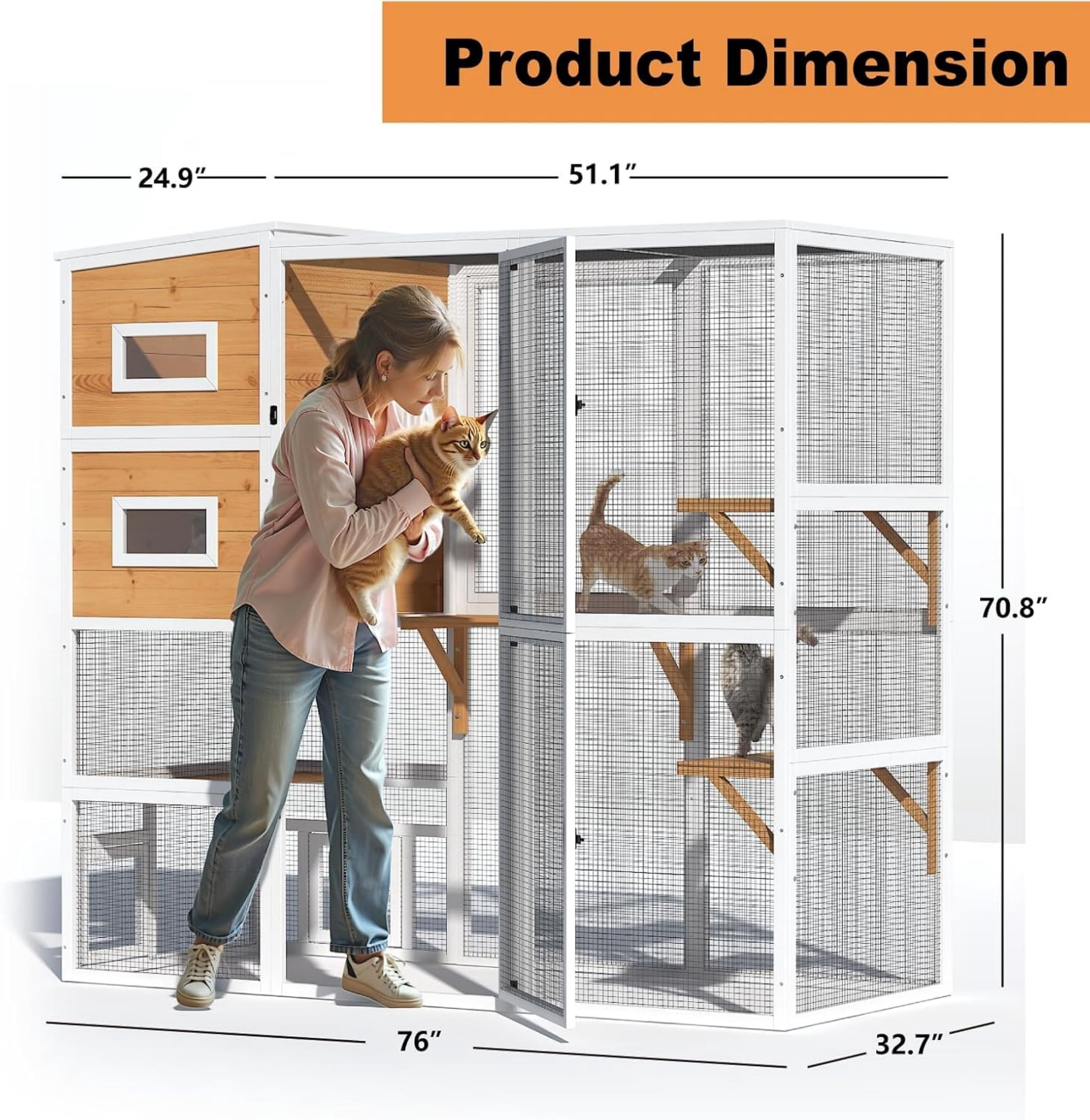 Large Catio Outdoor Cat Enclosure Window, 4 Tier Indoor House for Cats with Waterroof Roof, 3 Resting Rooms, 3 Platforms,Outdoor Catio Patio with Balcony, Connect to Window with 2 Large Door