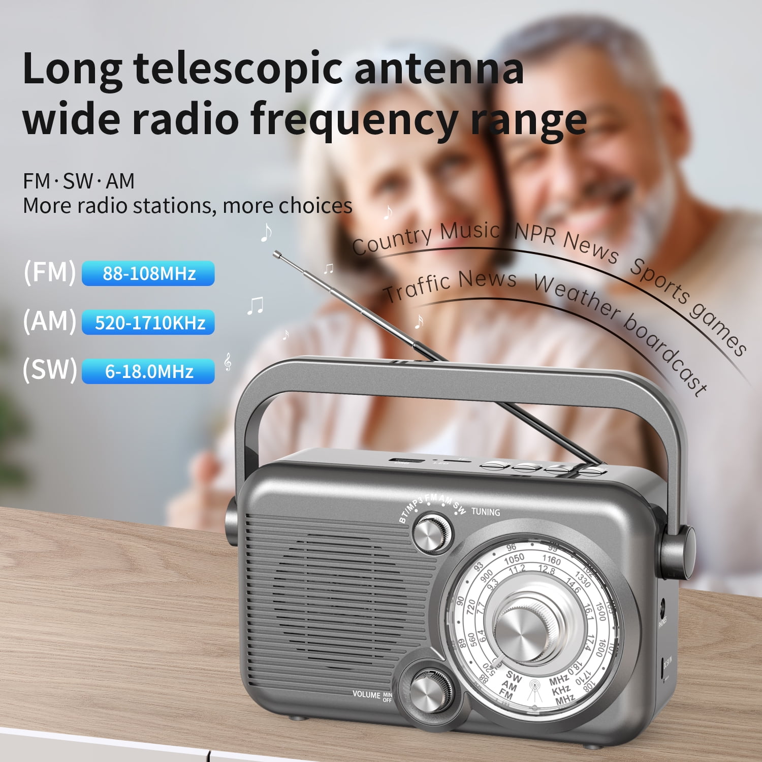Portable Rechargeable AM/FM/SW Radios, Bluetooth 5.3, TF Card Support, Retro Vintage Radio Perfect for  Seniors
