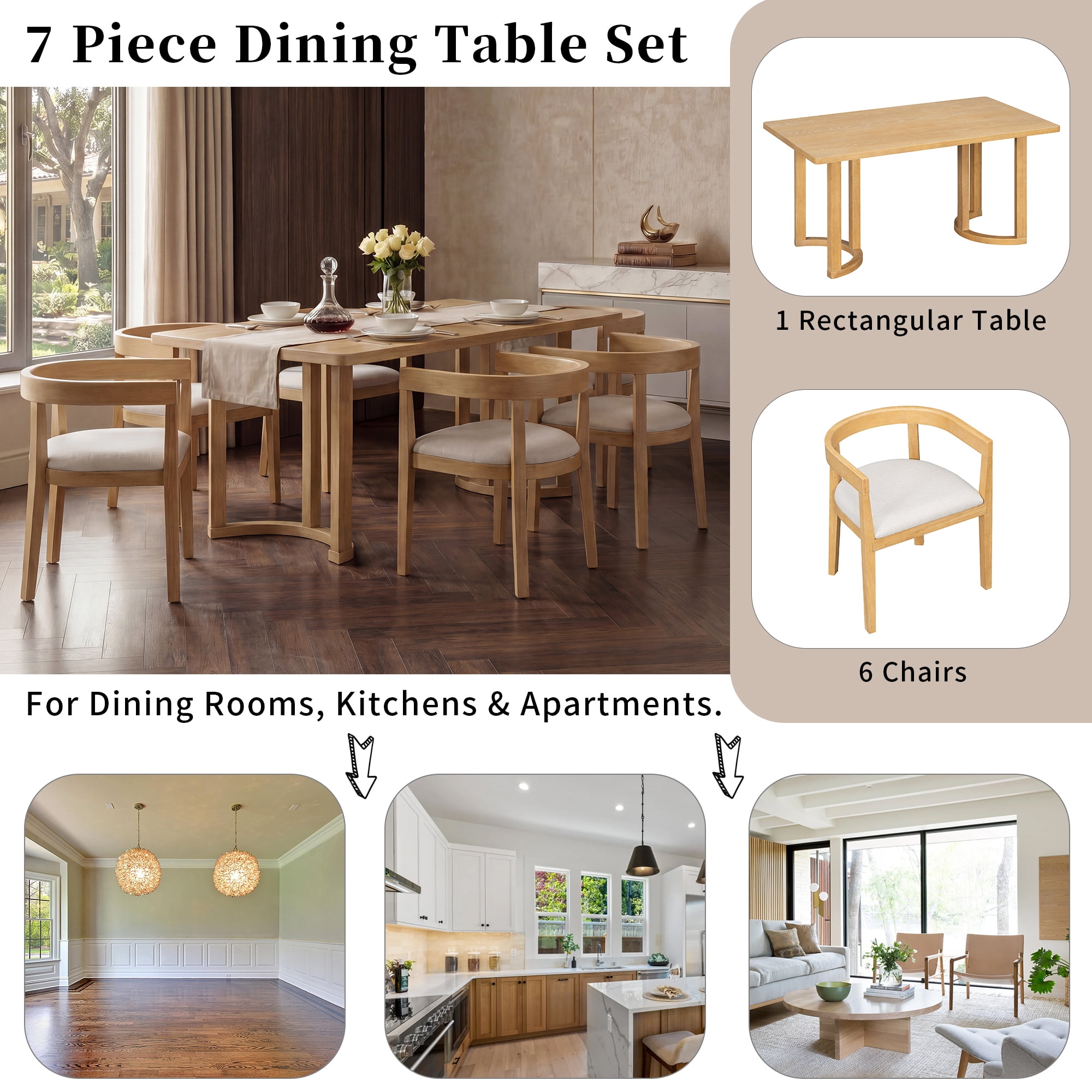 Euroco 7 Piece Dining Table Set for 6, Kitchen Dining Room Furniture with 6 Upholstered Curved Back Chairs, 59" Rectangular Kitchen Table Set for Apartment Small Space,Natural