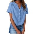 thumbnail image 2 of HOMBOM Tops for Women Summer Lapel Cotton Linen Button down Short Sleeve Casual Light Blue V Neck Womens T Shirts Solid, 2 of 9
