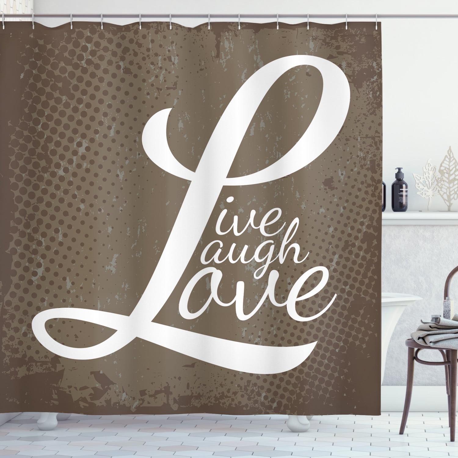 Live Laugh Love Shower Curtain, Words Live Laugh Love on Halftone Worn