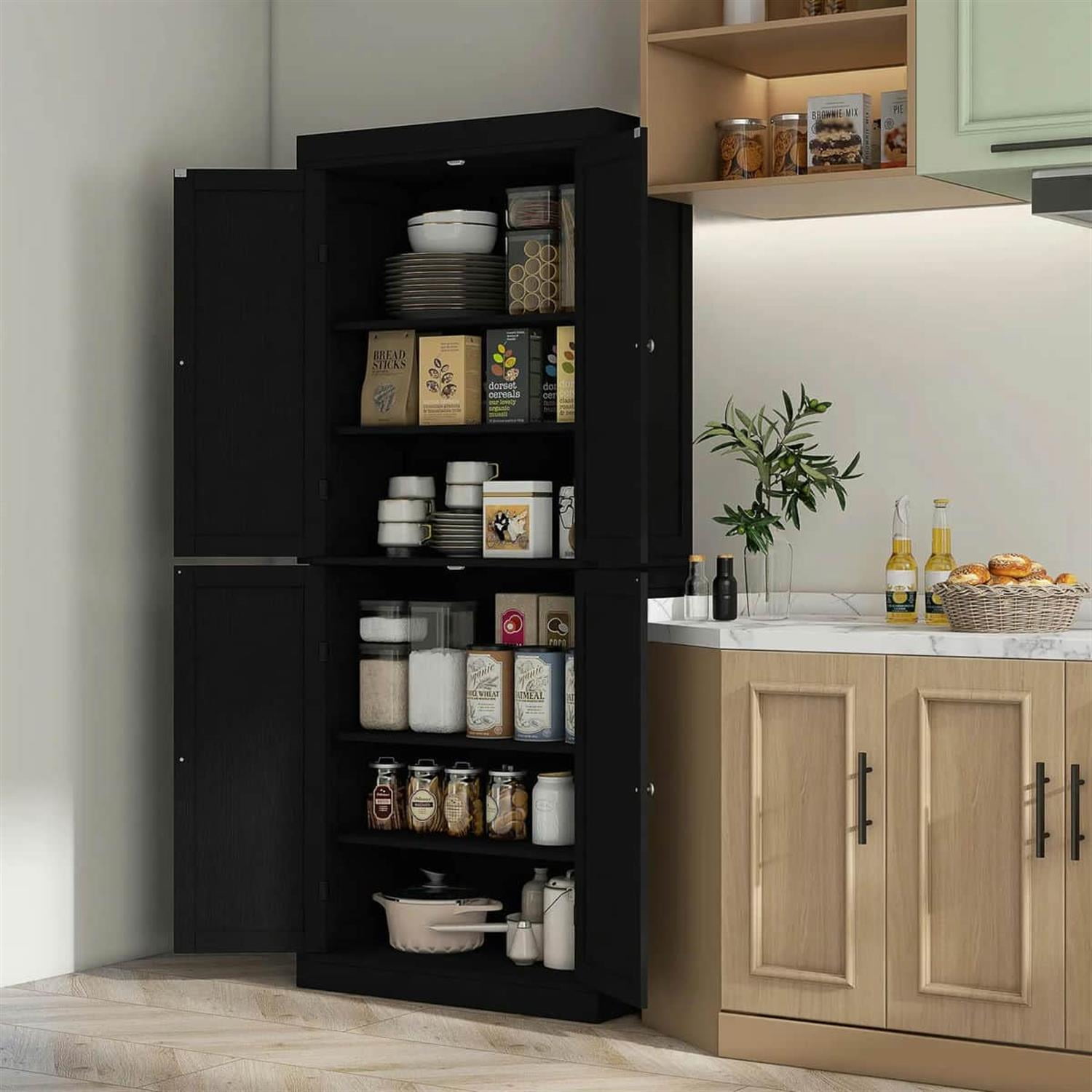 Demi Bonn 72" Large Kitchen Cabinet, Pantry Storage with Doors & Shelves, Freestanding Food Pantry Cabinet, Space-Saving Storage Solution, Black