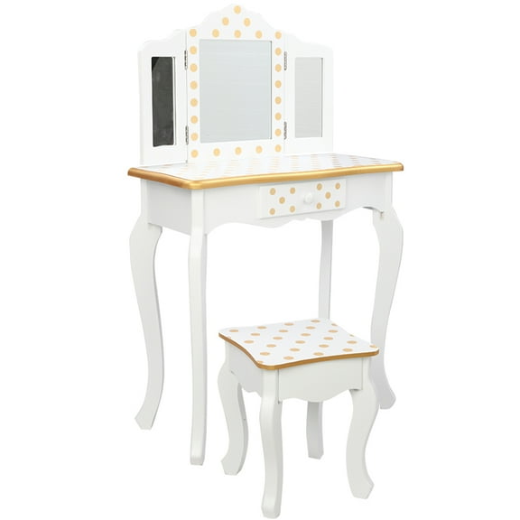 Kids Vanity Table and Chair Set, Yellow Dots and White Style Girls Vanity Desk Set with Mirror and Stool, Tri-Folding Mirror, Makeup Dressing Princess Table with Drawer and Mirror for Ages 4-9