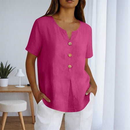 Tshirts for Women V Neck Short Sleeve Solid Button Blouse Daily Women Blouse Hot Pink M