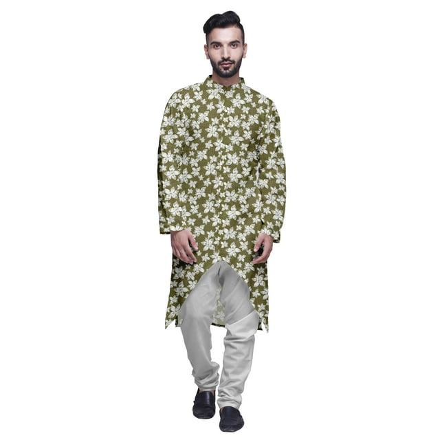 Atasi Kurta Asymétrique à Boutons pour Hommes en Coton Slub Imprimé Mode pour Hommes