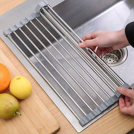 1 pcs Over The Sink Dish Drying Rack, Roll Up Dish Drying Rack Kitchen Dish Rack Stainless Steel Sink Drying Rack, Foldable Dish Drainer, Gray