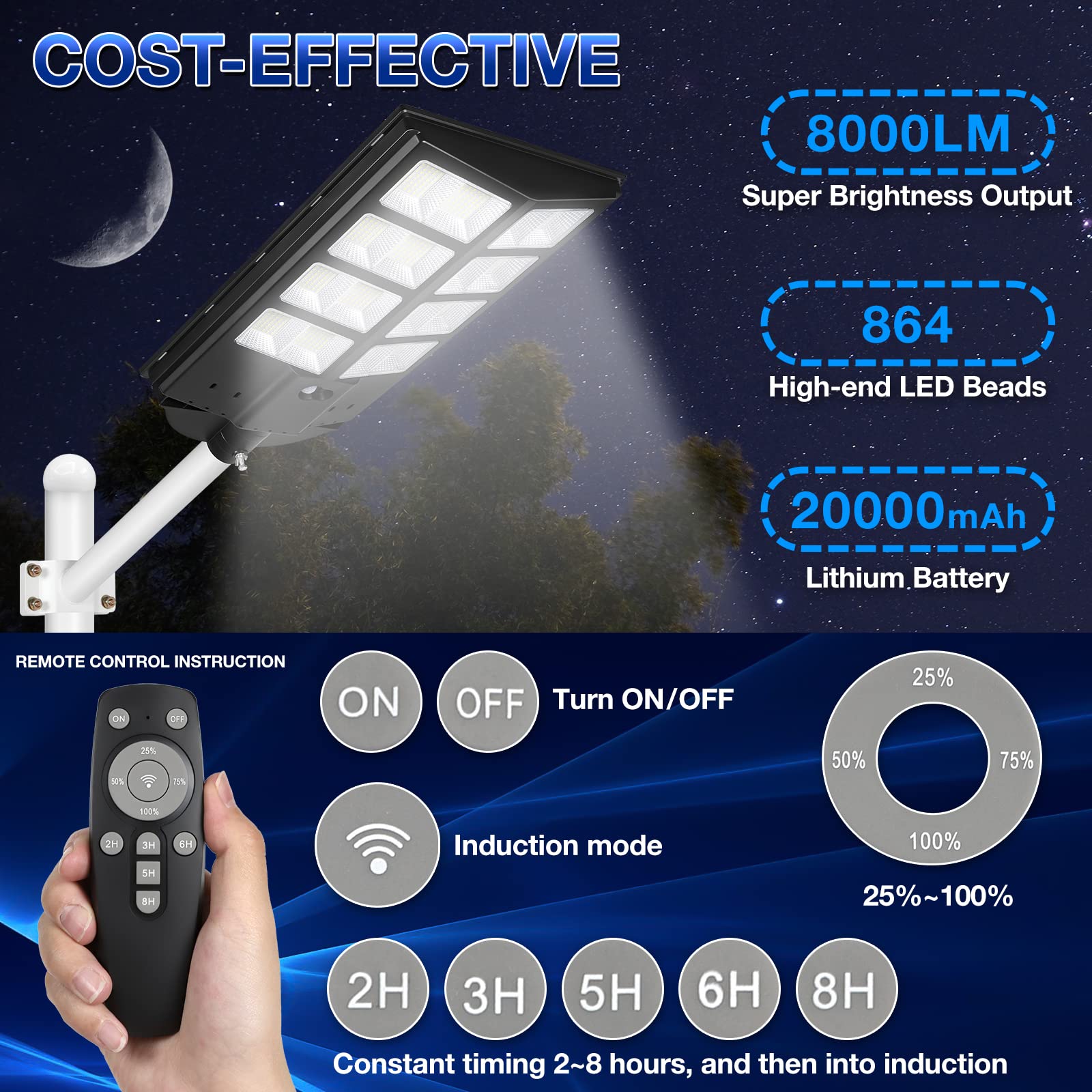 800W Solar Street Flood Light 8000lLM, 864LED Commercial Parking Lot Light  Waterproof Wide Angle Lamp with Remote Control for Yard, Basketball Court 