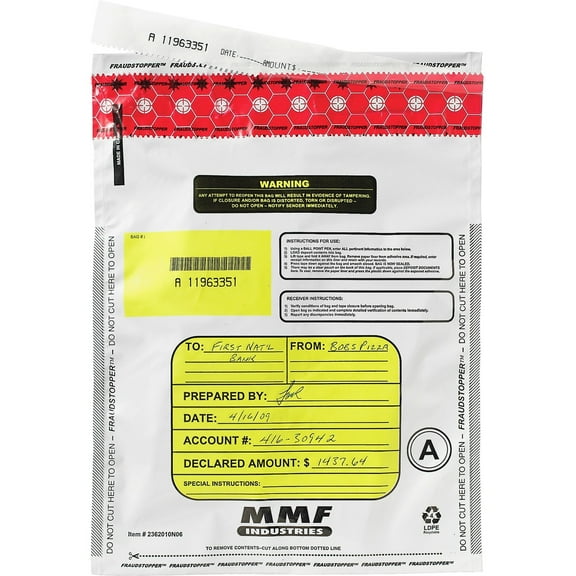 MMF, MMF2362011N06, Tamper-Evident Deposit Bags, 100 / Box, White