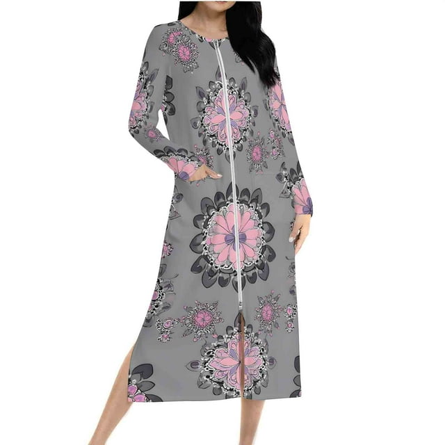 Ovingeta Robe de Nuit Raglan pour Femmes, Tenue d'Intérieur, Robe de Pyjama à Fermeture Éclair Intégrale, Imprimé, Vêtement de Nuit, Blouses Brossées, Vêtements, Robes de Nuit Pleine Longueur, Pyjamas à Manches Longues