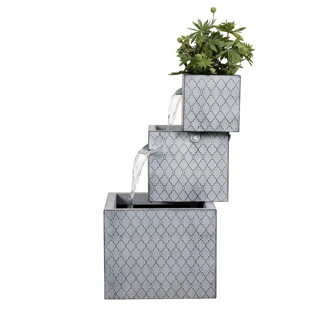 Hi-Line Gift Ltd 79533-H Rectangle 3 Tier Metal Fountain with Planter - Outdoor