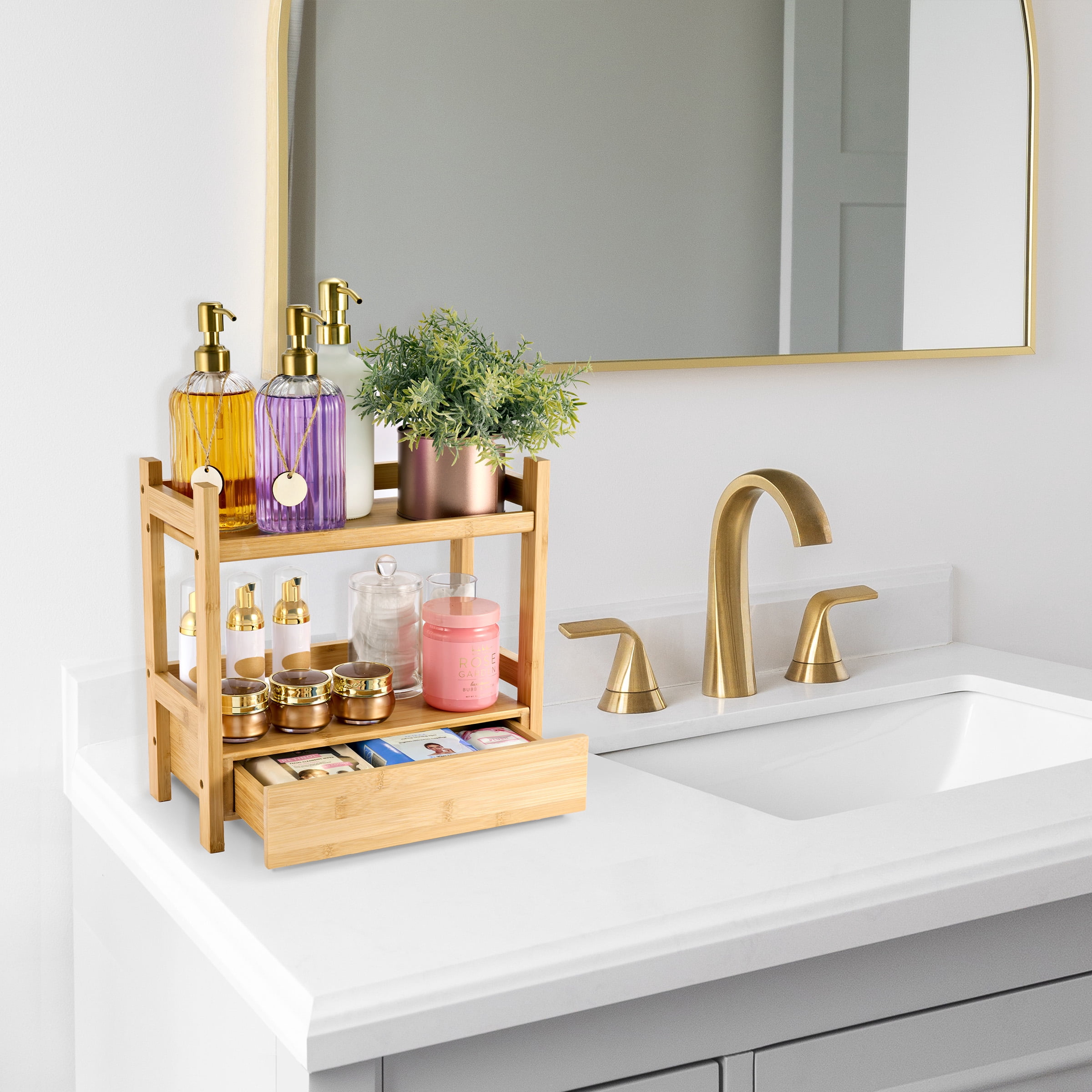 Sorbus 2-Tier Bamboo Shelf with Hidden Drawer - Bathroom Storage